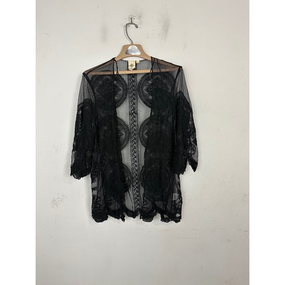 Alkamy Women Black Lace Sheer Mesh Open Front Cardigan Topper XS/S NEW